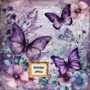 Ensemble de 10 papiers numériques vintage papillon violet Junk Journal fournitures pour albums de scrapbooking, papier vintage, téléchargement numérique à usage commercial JPEG