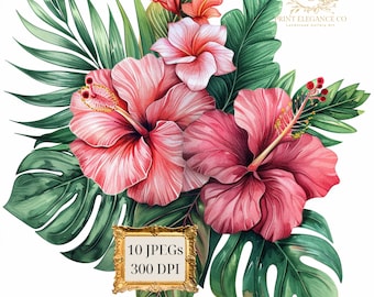 Tropical Watercolor Floral Clipart, Summer Clipart, Tropical Flowers, Tropical Floral Clipart, Summer Tropical Clipart, Commercial Use