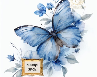 Blue butterflies Clipart Pack, 10 JPEG clipart, Watercolor Butterfly Clipart, Illustrations and Graphics, Commercial use, Light Blue