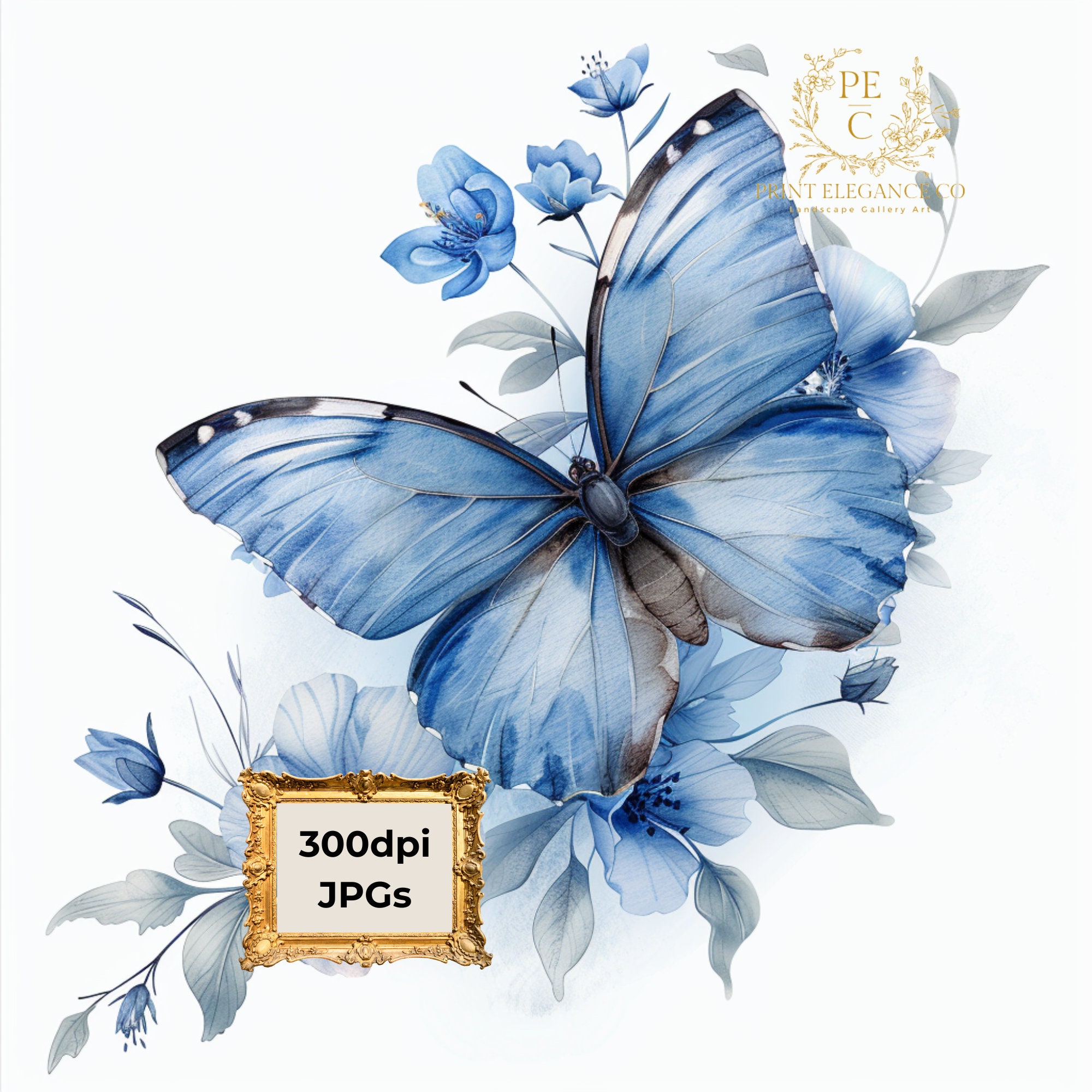 Blue Butterflies Clipart Pack, 10 JPEG Clipart, Watercolor