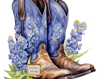 Western Charm: Kowbojskie buty i niebieskie kapelusze, akwarelowe cliparty, pakiet, cyfrowe pobieranie, Texas State Wildflower, komercyjne użycie PNG