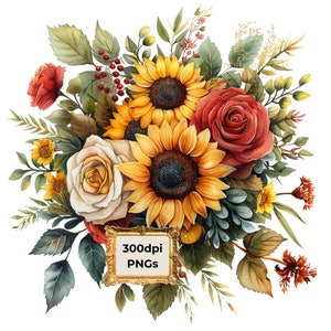 Rustikaler Herbststrauß Clipart, | EINZELBILD |  gelbe Sonnenblumen und Rosen im PNG-Format zum sofortigen Download für die kommerzielle Nutzung
