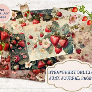 Kit de journal collage vintage fraise, journal indésirable imprimable, papier journal indésirable, fraises éphémères, journal d'été, fraises