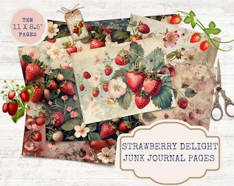 Vintage Collage Strawberry Junk Journal Kit, Junk Journal Printable, Junk Journal Paper, Strawberry Ephemera, Summer Journal, Strawberries