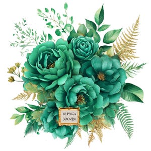 Clipart de buquês florais esmeralda e dourada, download instantâneo digital de enfeites png de flores em folha verde e dourada para uso comercial