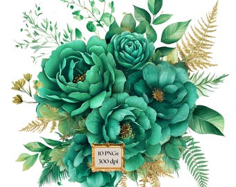 Emerald and Gold Floral Bouquets Clipart, digital instant download green and gold foil flower png embellishments for commercial use