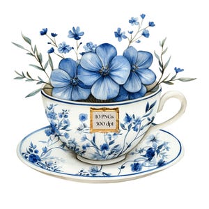 Clipart tè pomeridiano blu / PNG teiera / Tè pomeridiano cinese / Clipart festa nuziale / Acquerello / Farfalla / Fiori / Tazza da tè / 10 PNG