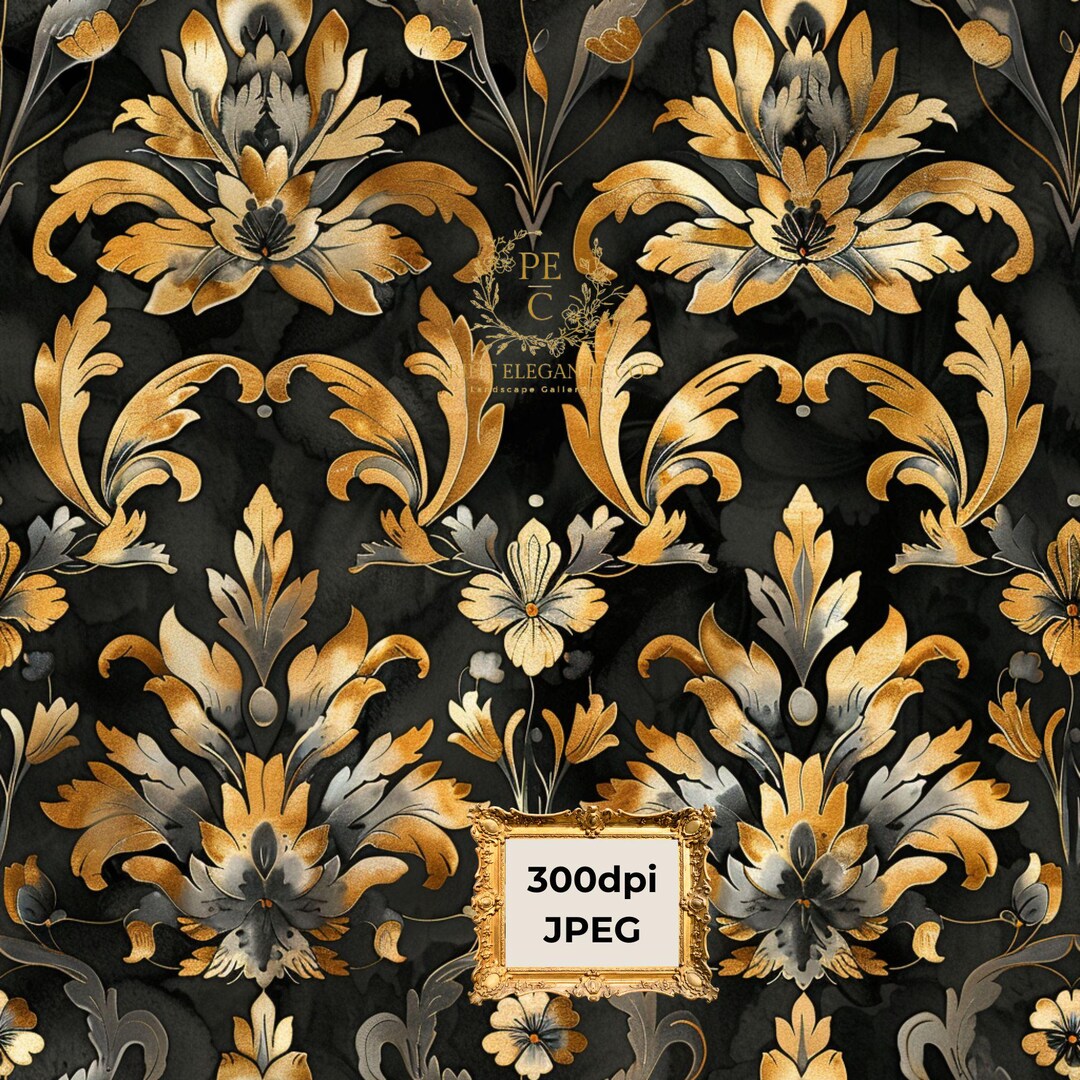 10 Black and Gold Printable Papers, Black & Gold Damask Paper, Journal ...