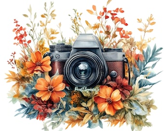 Watercolor Vintage camera floral clipart, 10 High quality PNG files, retro clipart, vintage clipart, photography, printable graphics