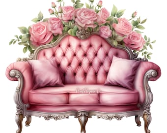 Watercolor Shabby Chic Sofa in Blush Pink clipart, 1 high quality PNG file, antique victorian furniture, printable graphics, interior design