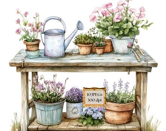 Vintage Gardening Tools Clipart Bundle- 10 High Quality Watercolor JPGs- Garden Art, Crafting, Journaling, Scrapbooking, Digital Download
