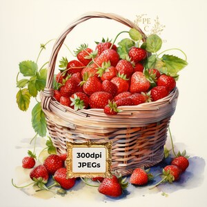 Strawberry Basket Clipart Bundle- 10 High Quality Watercolor JPGs- Food Art, Journaling, Scrapbook Supply, Digital Download