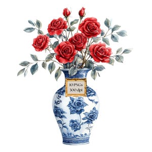 Chinoiserie Valentine Clipart, Red Roses Watercolor Toile De Jouy Clip Art, Vintage Floral Chinoiserie Commercial Use PNG, DIGITAL DOWNLOAD