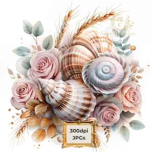 Instant Digital Download: 10 High Quality JPG Floral Seashell Clipart Bundle, Printable Watercolor clipart, Paper craft, junk journal