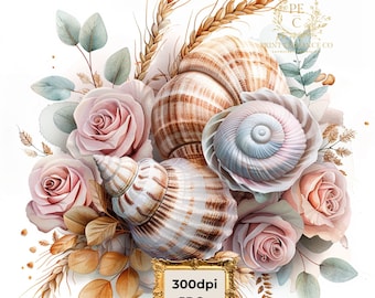 Instant Digital Download: 10 High Quality JPG Floral Seashell Clipart Bundle, Printable Watercolor clipart, Paper craft, junk journal