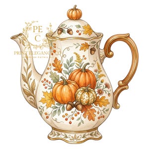 Puede incluir: Una tetera de cerámica color crema con un motivo otoñal pintado de calabazas naranjas, bellotas y hojas de otoño. La tapa está rematada con un pequeño pomo en forma de calabaza. El texto PE C PRINT ELEGANCE CO Landscape Gallery Art es visible.