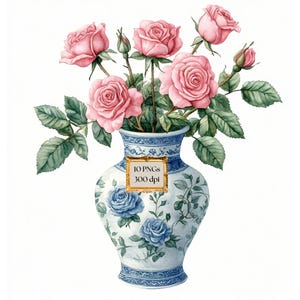 Chinoiserie Valentinstag Clipart, rosa Rosen Aquarell Toile De Jouy Clip Art, Vintage Blumen Chinoiserie kommerzielle Nutzung PNG, DIGITAL DOWNLOAD