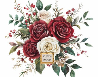 Christmas Floral Clipart, Emerald and Burgundy Bouquet, Winter Wedding Invitations, Watercolor Holiday Clip Art, Winter Greenery, PNG
