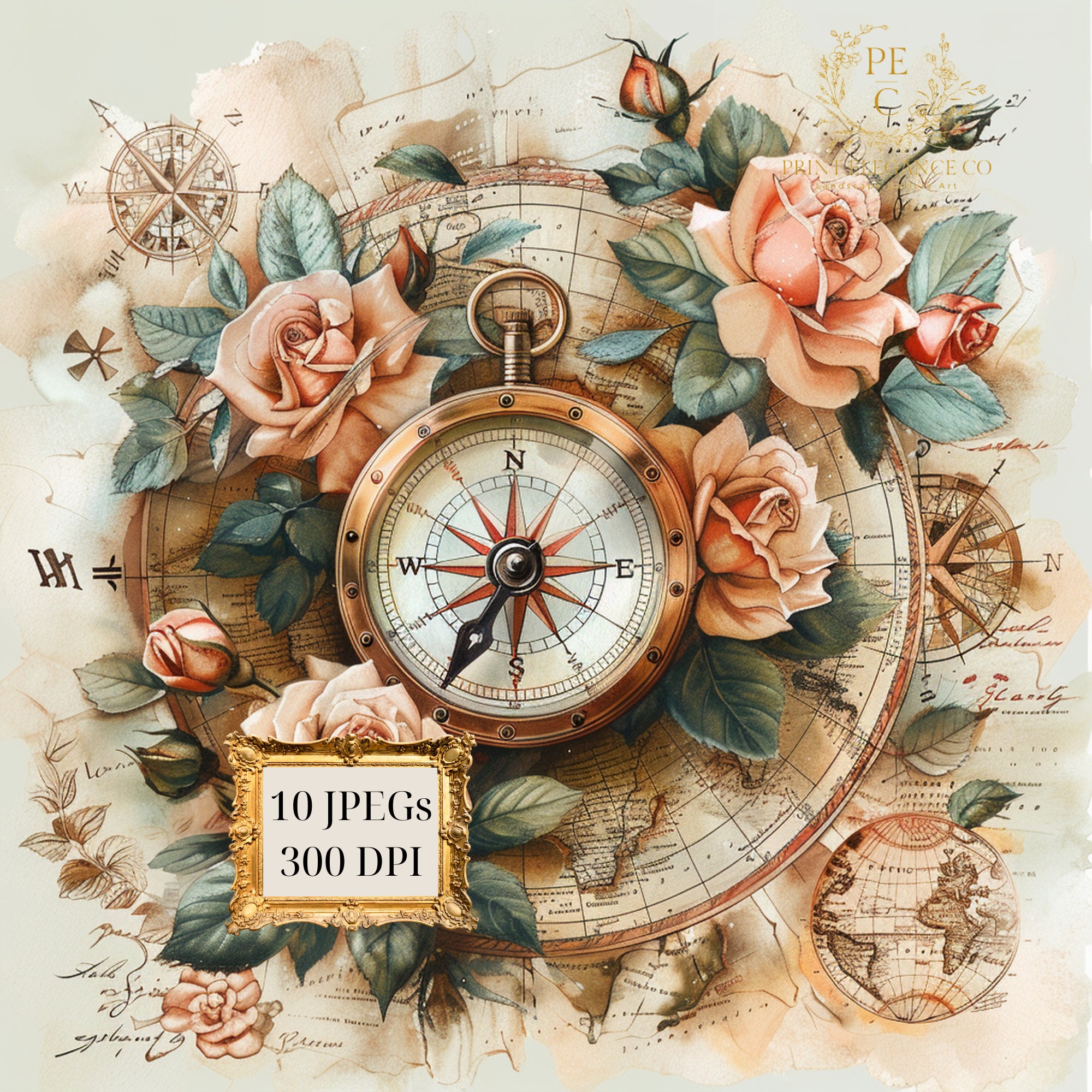 Shabby Chic Floral Compass With Map Clipart Bundle- 10 High Quality ...