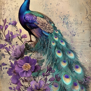 Purple Peacock Pages for scrapbook and junk journal, soft pastel lilac, purple flower, lavender, vintage ephemera, digital paper, printable