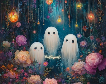 May include: Three white, translucent ghosts with smiling faces stand in a magical forest setting. The forest is filled with glowing lights and vibrant pink and white flowers.