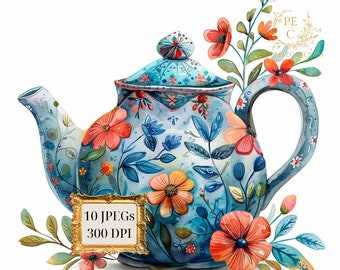 Whimsical Magic Blue Floral Teapot Clipart Bundle- 10 High Quality Watercolor JPGs- Cottage Art, Journaling, Scrapbook, Digital Download