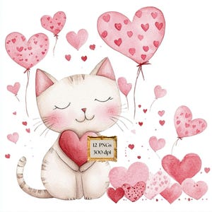Mignon aquarelle Saint-Valentin bébé animaux Clipart Bundle, PNG chat, ballons coeur, clipart aquarelle rose, baby shower, usage Commercial