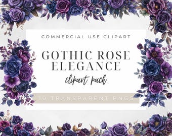 Watercolor Gothic Floral Clipart, Dark Purple Flower Clipart, Gothic Flower PNG, Dark Fairytale Fantasy Clipart, Moody Florals