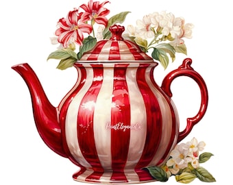 Watercolor Peppermint Tea Clipart, Christmas tea pots, garden tea clip art PNG graphics instant download for commercial use