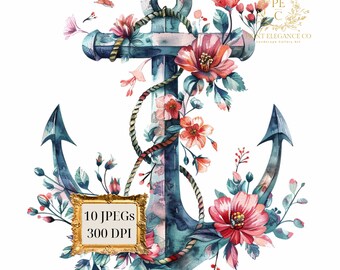 Clipart ancre florale, 10 fichiers JPG de haute qualité, art pour chambre d'enfant, téléchargement numérique instantané | Fabrication de cartes, création numérique en papier, utilisation commerciale