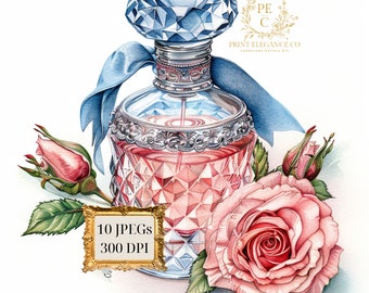 Botellas de perfume vintage acuarela clipart, Shabby Chic, sublimación JPEG, diario basura, álbum de recortes de artesanías de papel, uso comercial