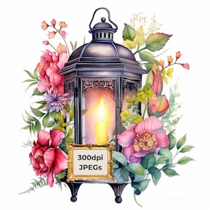 May include: A vintage lantern with a lit candle inside, surrounded by pink, white, and green flowers. The lantern has a gold frame with the text "300dpi JPEGs".