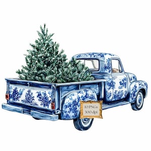 Blauwe chinoiserie kersttrucks en boom 10 png-bundel clipart, elegante blauw-witte toile winter clipart png, blauwe chinoiserie vrachtwagen png