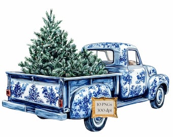 Blue Chinoiserie Christmas Trucks and Tree 10 PNGs Bundle Clipart, Elegant Blue & White Toile Winter Clipart png, Blue Chinoiserie Truck png