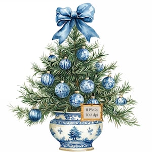 Clipart de Noël de chinoiseries, toile bleue PNG, clipart bleu et blanc, sapin de Noël aquarelle bleu, Art des fêtes BCBG, noeuds bleus