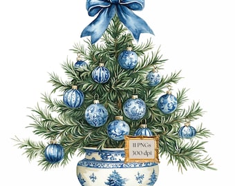 Chinoiserie Christmas Clipart, Blue Toile PNG, Blue And White Clip Art, Blue Watercolor Christmas Tree, Preppy Holiday Art, Blue Bows