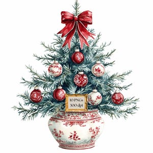 Chinoiserie kerst clipart, rode toile png, rode en witte illustraties, rode aquarel kerstboom, preppy vakantie kunst, rode strikken