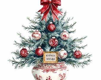 Chinoiserie Christmas Clipart, Red Toile PNG, Red And White Clip Art, Red Watercolor Christmas Tree, Preppy Holiday Art, Red Bows