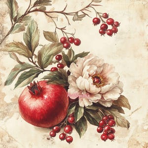 Shabby Chic Melograno Frutto Clipart Bundle- 12 JPG ad acquerello di alta qualità- Artigianato, Junk Journaling, Forniture per album, Download digitale