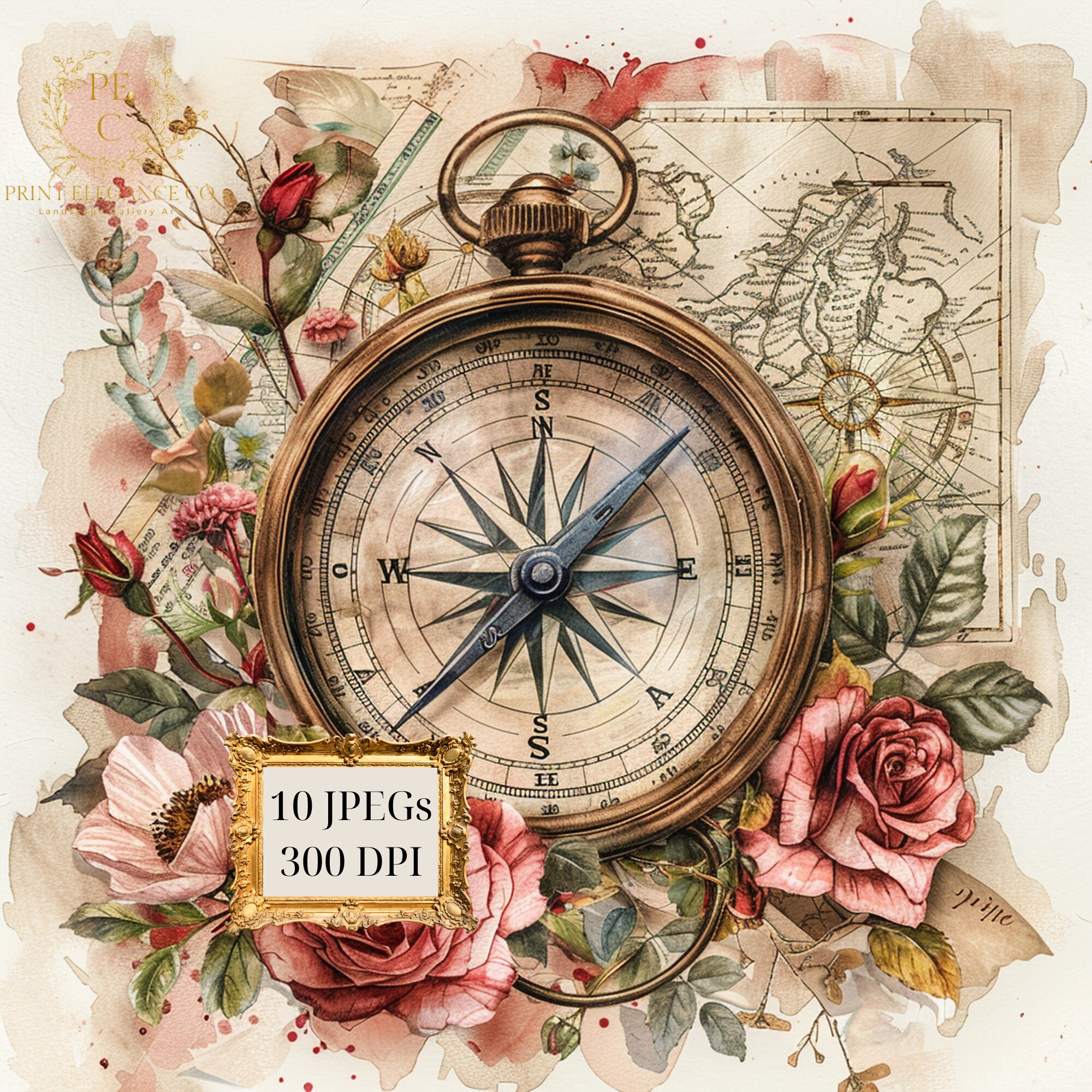 Shabby Chic Floral Compass With Map Clipart Bundle- 10 High Quality ...