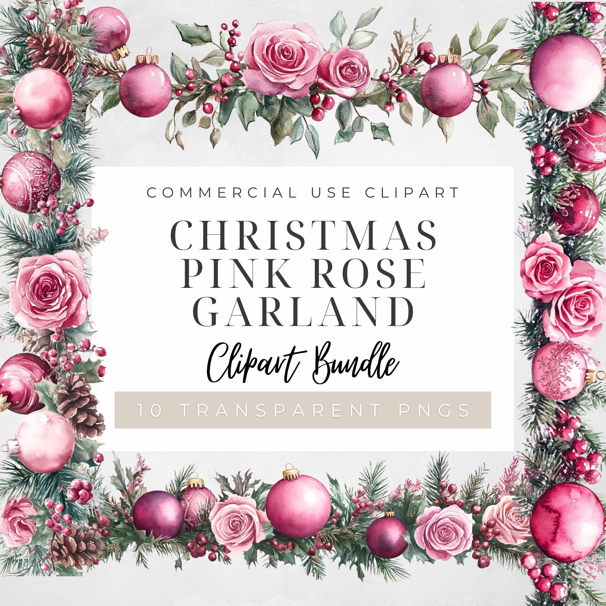 Watercolor Pink Garland Clipart, Christmas Garland, Holiday Clipart, Pink And Rose Garland, Watercolor Borders, Pastel Christmas Clipart