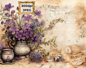 February Violets Junk Journal 10 Pages, Dark Academia Digital Download, Vintage Victorian Ephemera, Bullet Journal, Planner Pages, Bujo