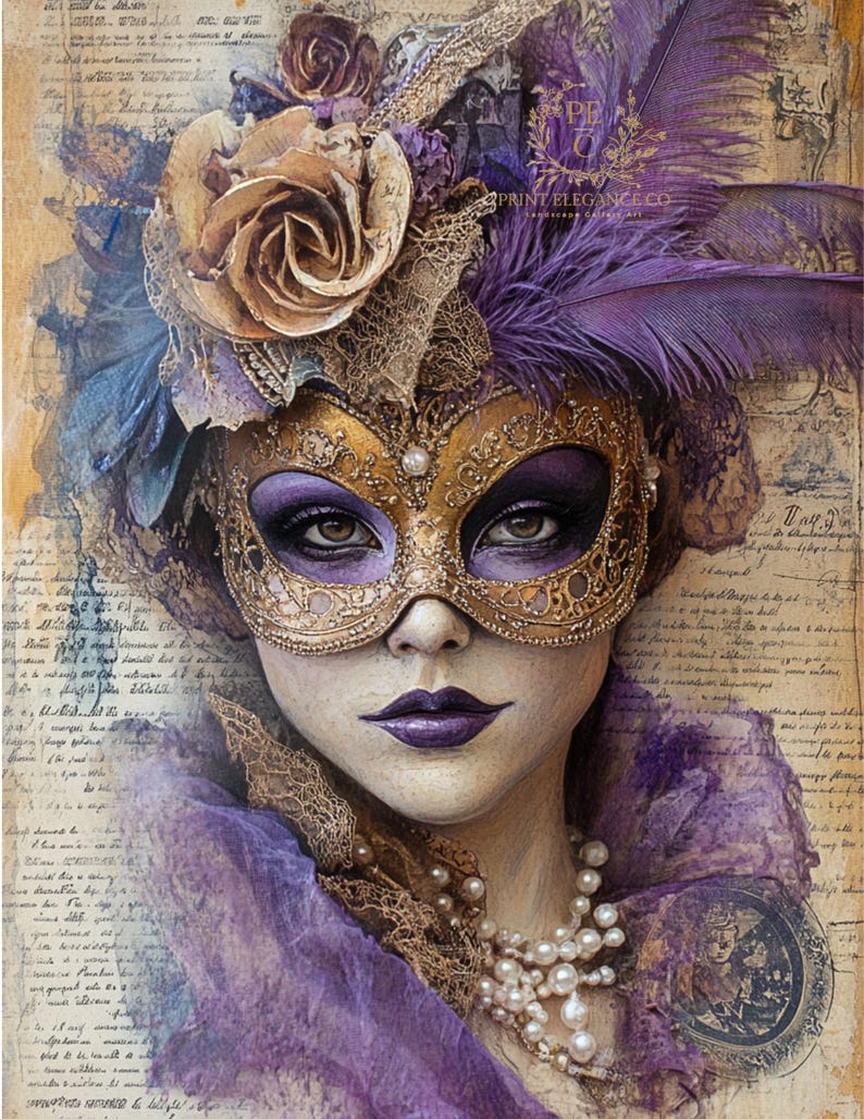 Paper Masquerade Mardi Gras Printable Paper, Venice Masks Journal Page, Mardi Gras Junk ...