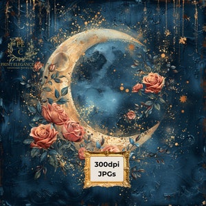 May include: A crescent moon with a gold outline and a watercolor effect, set against a dark blue background with gold glitter and stars.  Roses in shades of pink and red are clustered around the moon.  The text "300dpi JPGs" is in a gold frame.