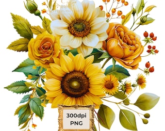 Watercolor Sunflower Bouquet Clipart -SINGLE Image fall sunflower floral in PNG format instant download for commercial use