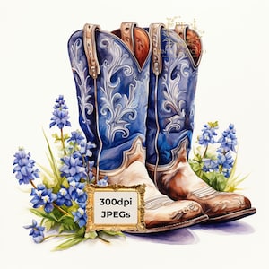 Western Charme: Cowboy-Stiefel und blaue Mützen Aquarell Clipart Bundle DIGITAL DOWNLOAD, Texas Wildblumen Clipart, kommerzielle Nutzung JPEG