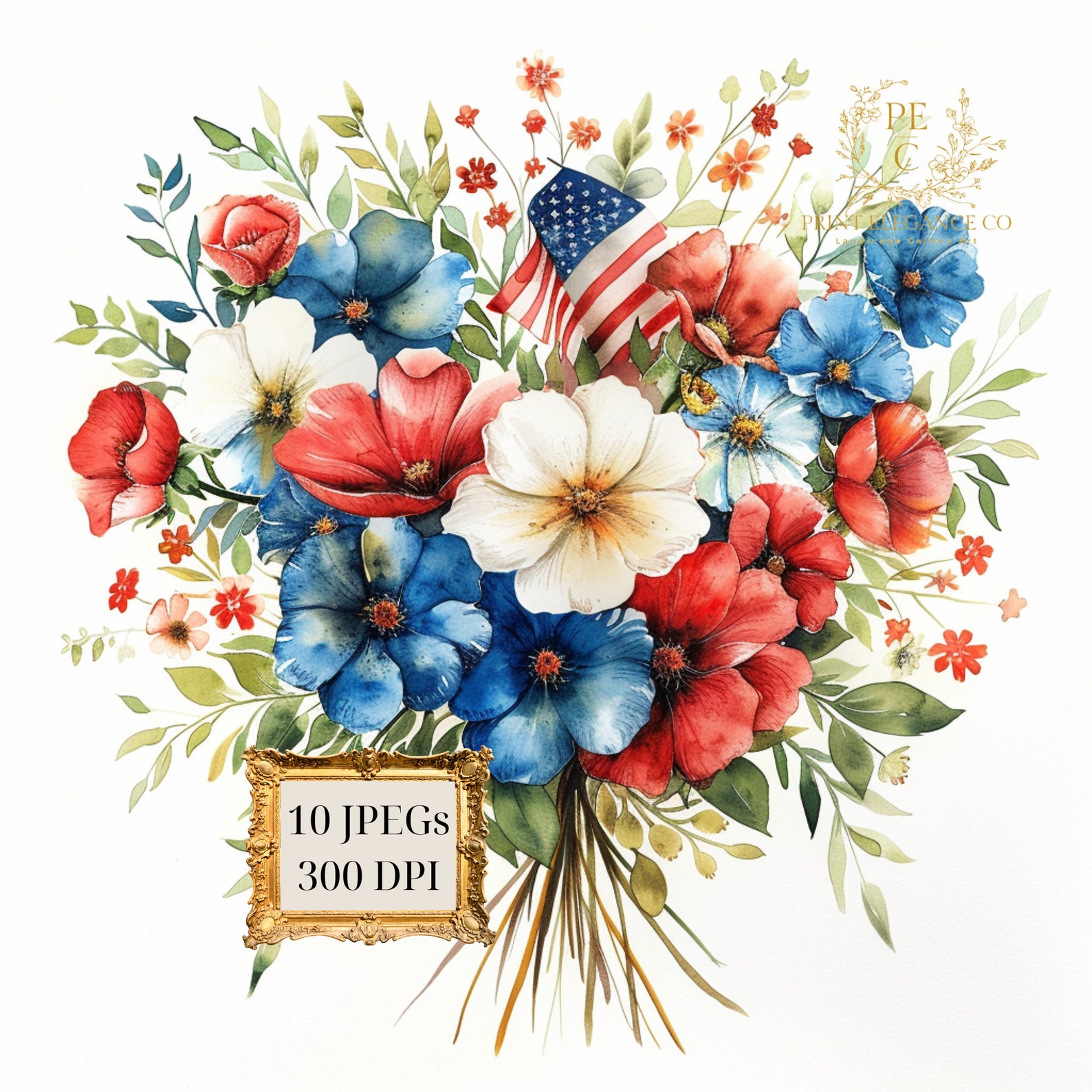 Watercolor Patriotic Floral Bouquet Clipart - Red White and Blue Floral ...