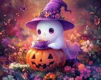 Paquete de imágenes prediseñadas de Halloween: Fantasma con calabaza en acuarela - 10 imágenes JPG de alta calidad - Uso comercial - Con sombrero de bruja y bebiendo té