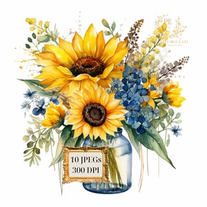 Clipart tournesol aquarelle, clipart été, bouquets de fleurs tournesol au format PNG, téléchargement immédiat pour un usage commercial