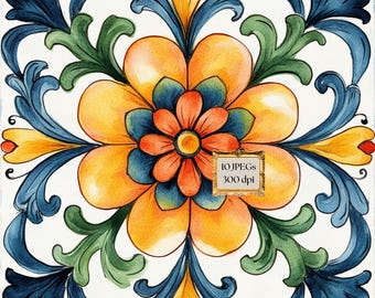 Mexican Talavera Clip Art Set, Mexican Talavera Clipart, Mexican Talavera Template, Mosaic Tile PNG, Mexican Wall Art Talavera Pattern